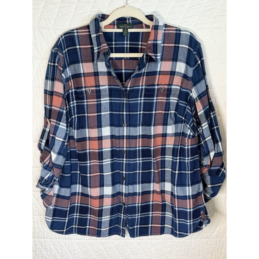 Lauren Ralph Lauren Women Blue Plaid Long Sleeve roll tab Button Flannel Size 2X